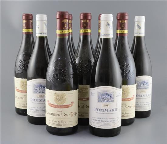 Six bottles of Chateauneuf-du-Pape, Caves des Papes, 2001 and three bottles of Pommard, Domaine Jean Marc Bouley, 1998